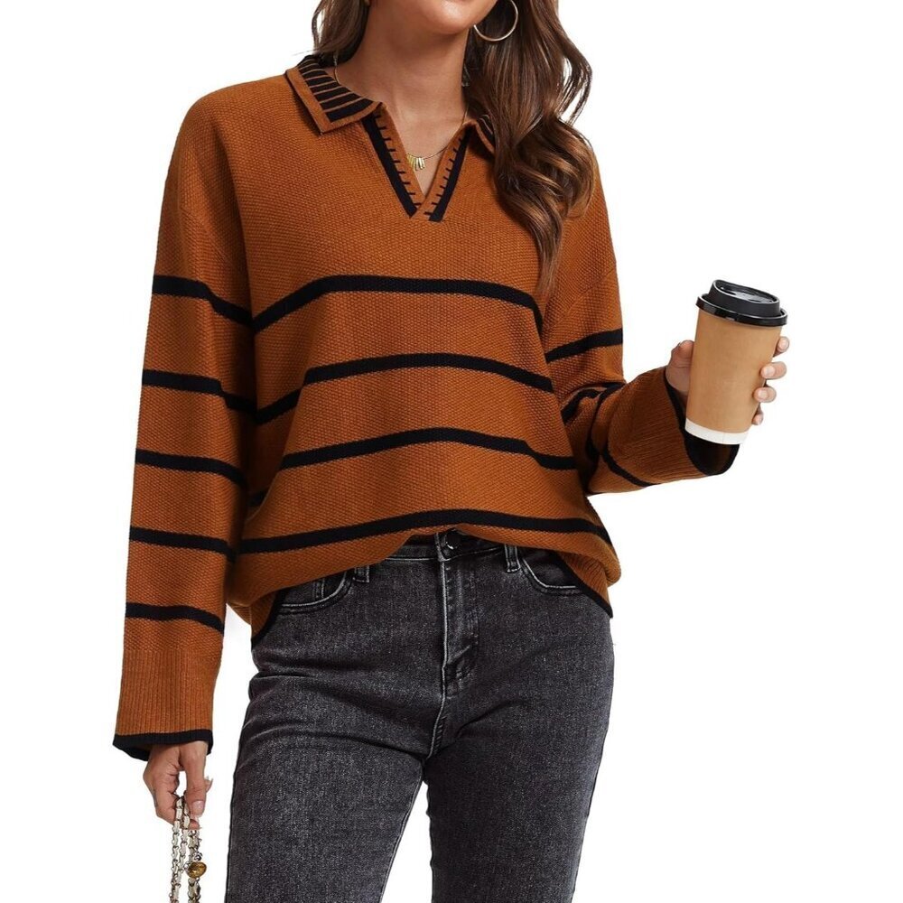Women’s  Caramel Fall Polo Sweater Striped V Neck Long Sleeve Pullover